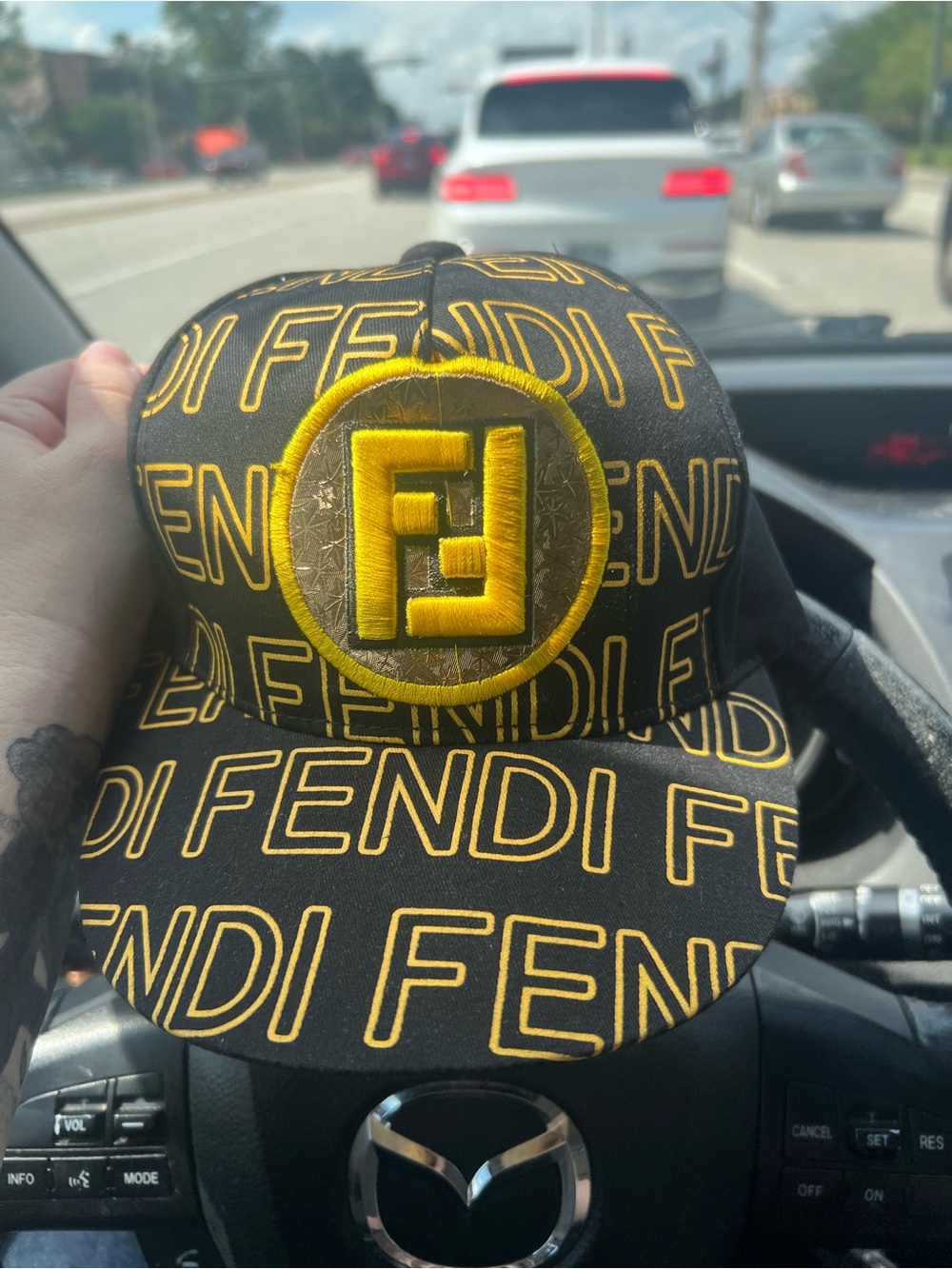 Fendi Black Cap with Yellow Logo Embroidery